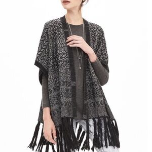 Banana Republic Heritage Collection Fringe Black Gray Blanket Sweater Cape M/L